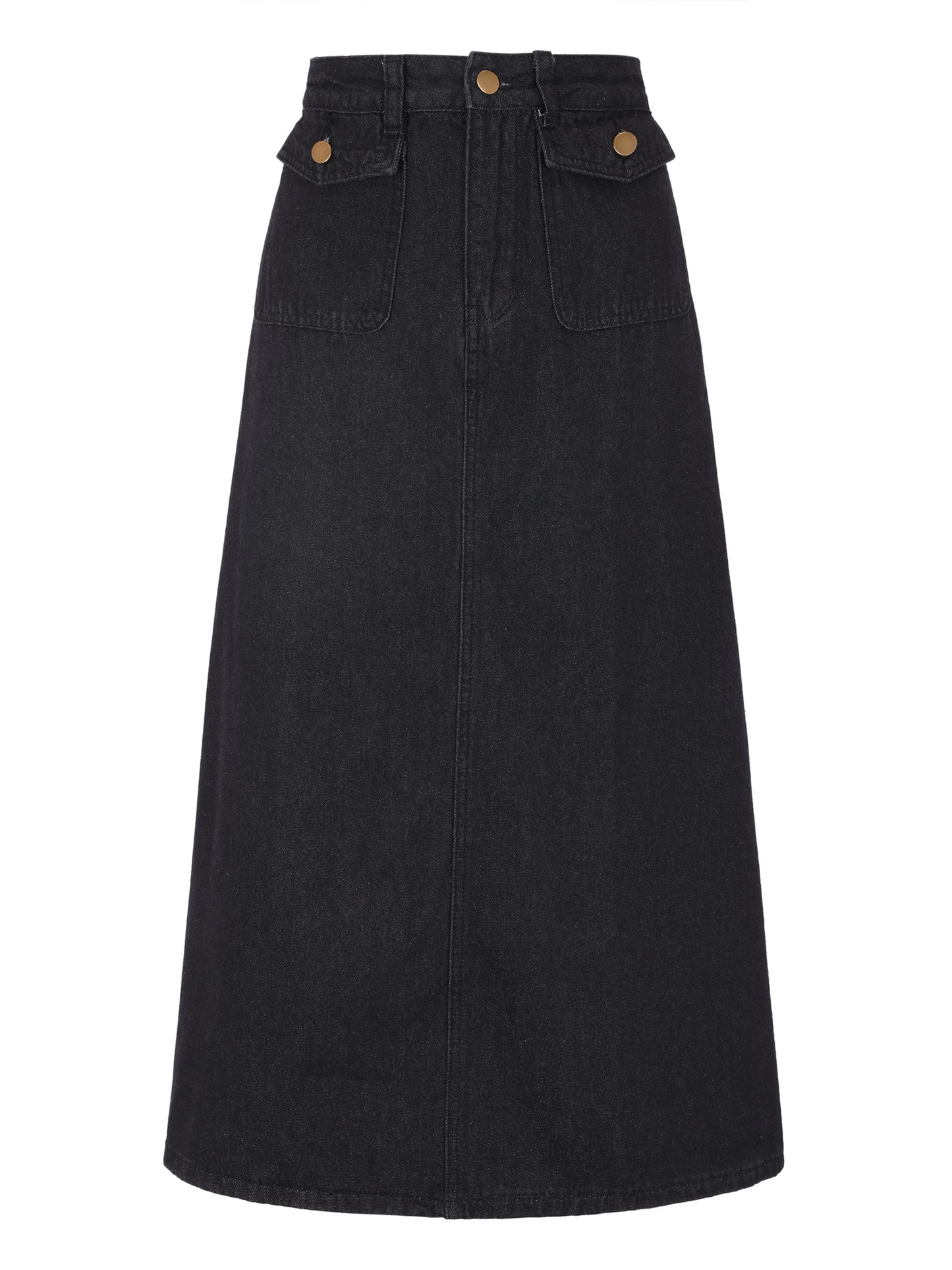 Women's Long Denim Skirt High Waisted Flap Pocket A-Line Jean Skirt