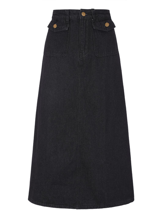 Women's Long Denim Skirt High Waisted Flap Pocket A-Line Jean Skirt