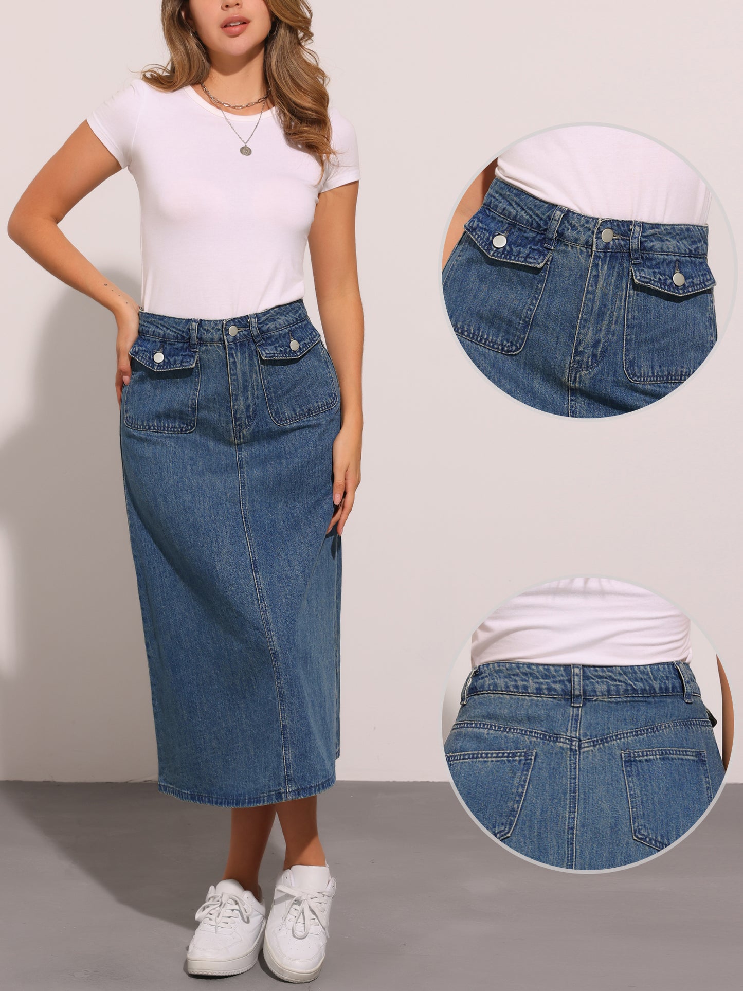 Women's Long Denim Skirt High Waisted Flap Pocket A-Line Jean Skirt