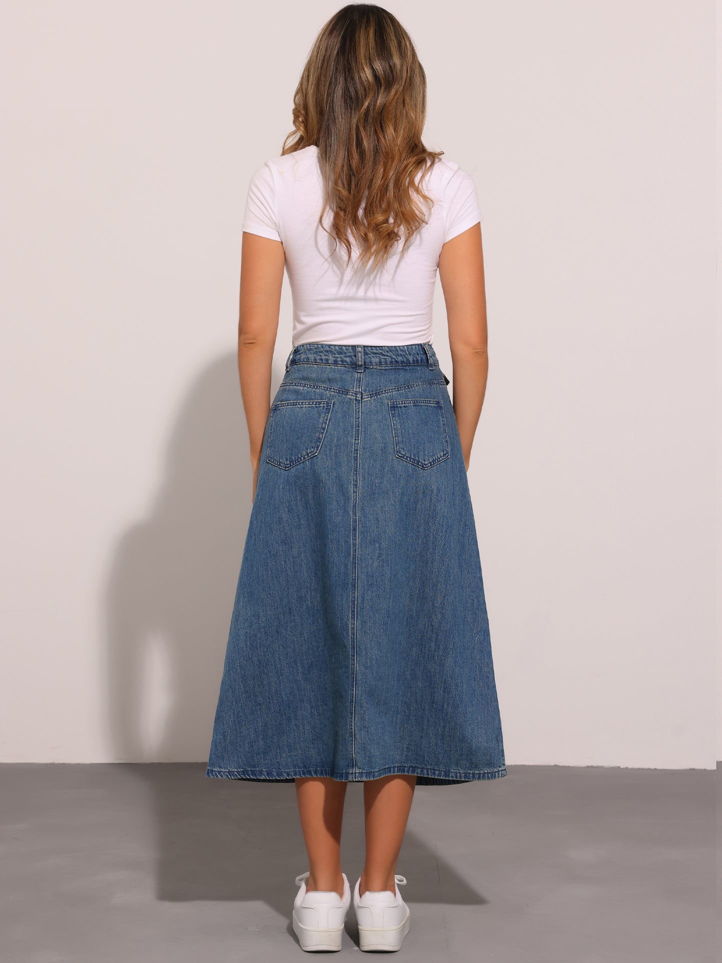 Women's Long Denim Skirt High Waisted Flap Pocket A-Line Jean Skirt