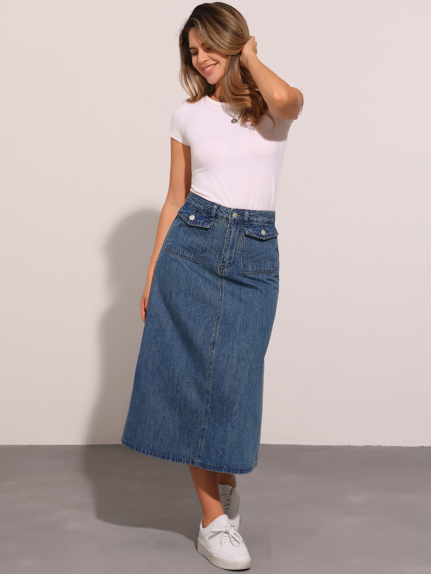 Women's Long Denim Skirt High Waisted Flap Pocket A-Line Jean Skirt