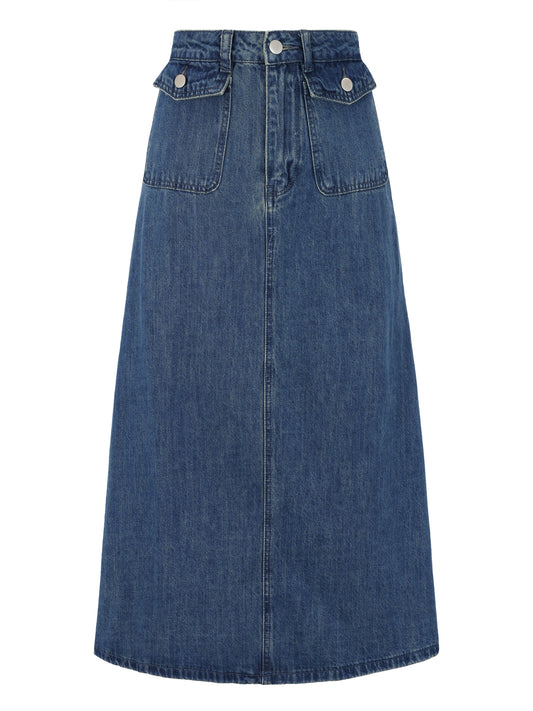 Women's Long Denim Skirt High Waisted Flap Pocket A-Line Jean Skirt