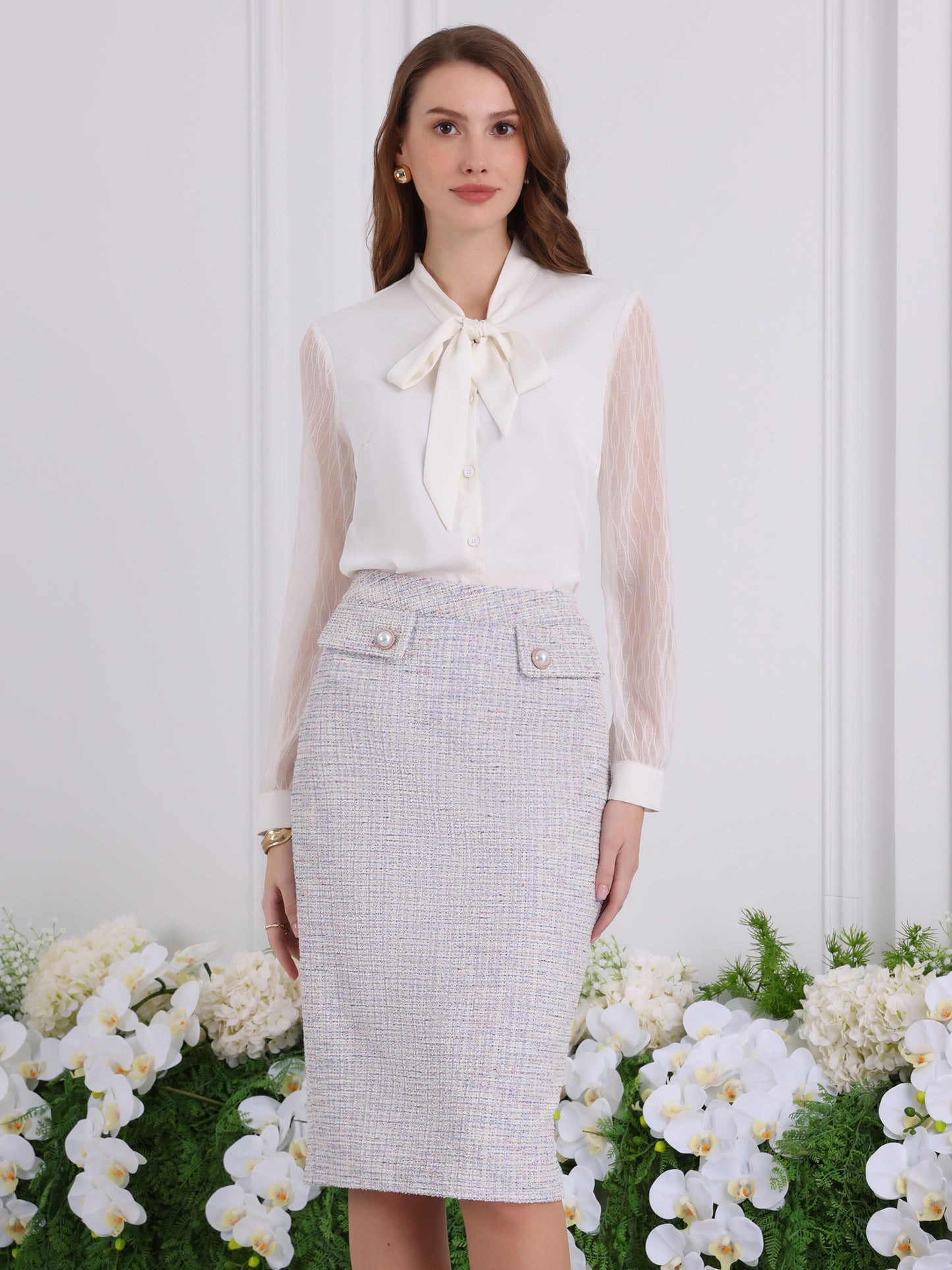 Women's Tweed Knee Length High Waisted Elegant Stretchy Pencil Bodycon Skirt