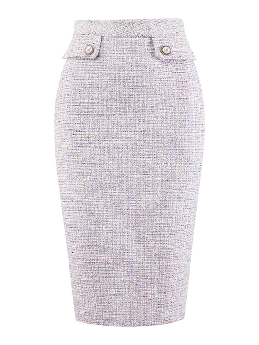 Women's Tweed Knee Length High Waisted Elegant Stretchy Pencil Bodycon Skirt