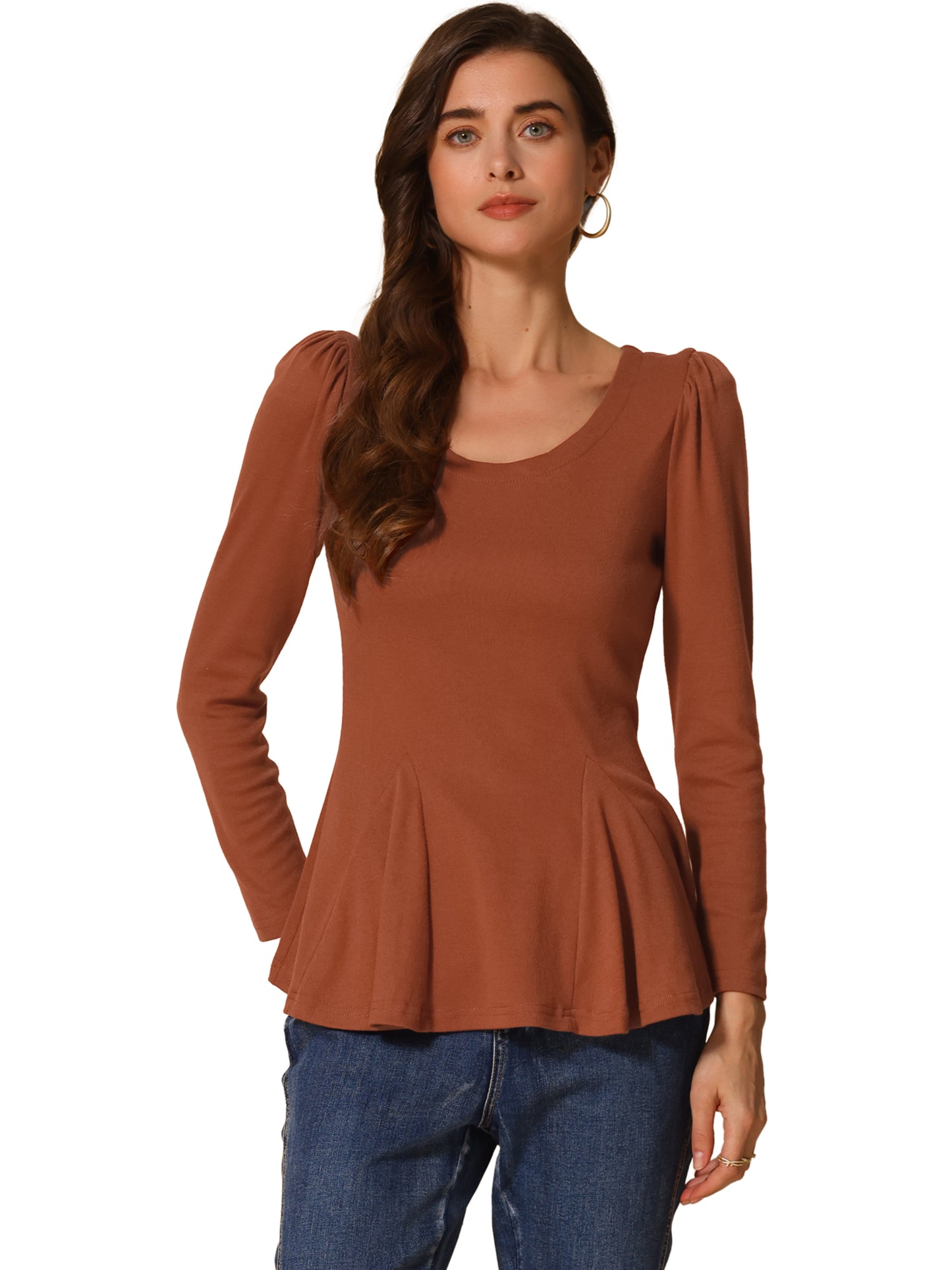 Women's Ruffled Hem Long Sleeve Scoop Neck Casual Peplum Shirt