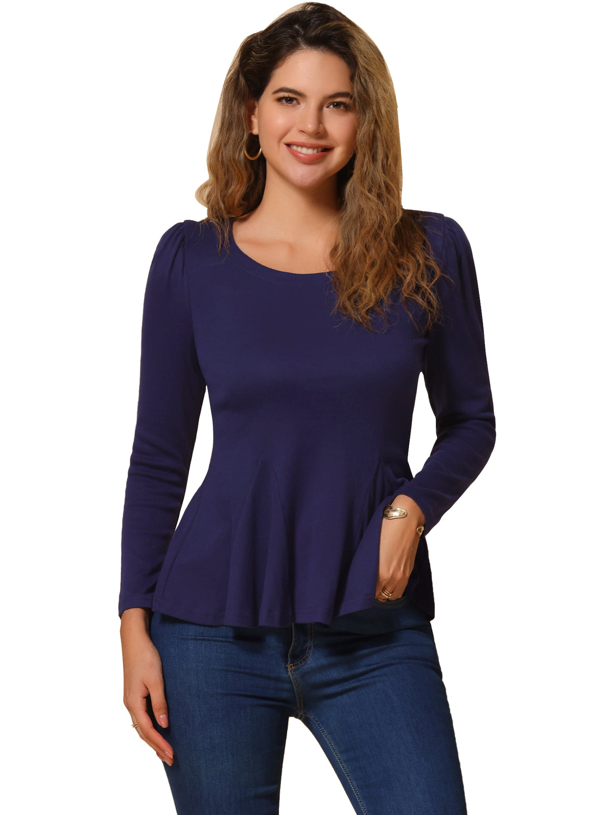 Women's Ruffled Hem Long Sleeve Scoop Neck Casual Peplum Shirt
