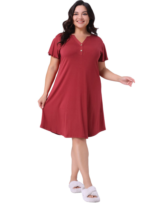 Women Plus Size Pajamas V Neck Nightshirt Ruffle Short Sleeve Loungewear Nightgowns