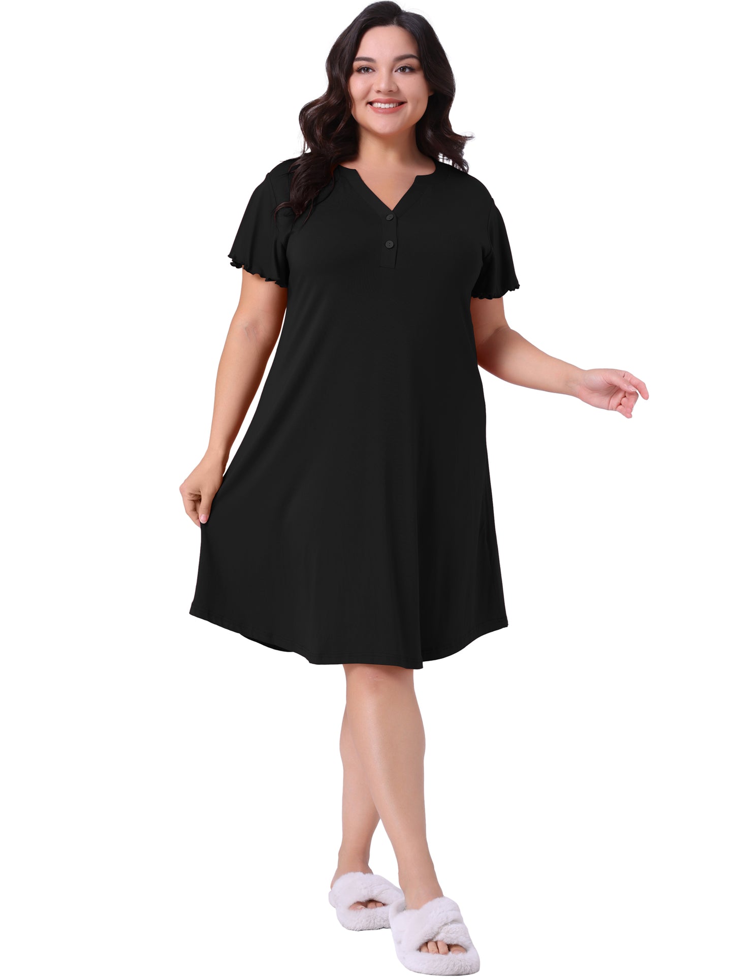 [PACK SALES] Womens Plus Size 2 Pieces Nightgowns Short Sleeve Button Down V Neck Midi Sleepshirt with Pockets Loungewear