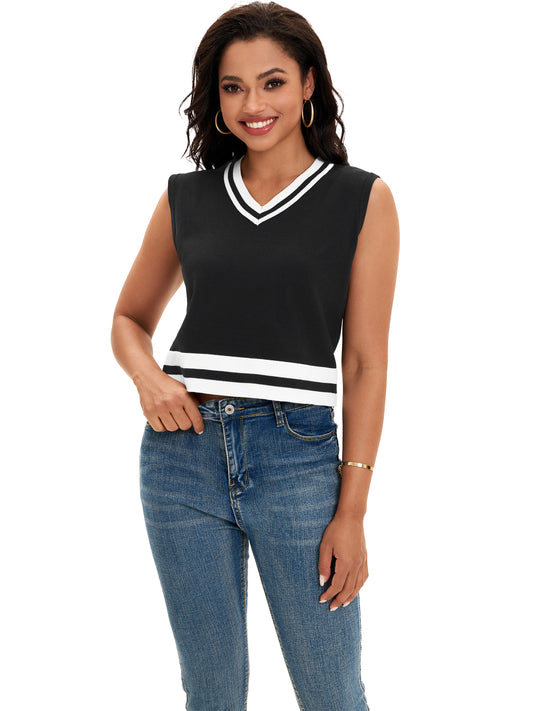 Womens Cropped Sweater Vest Summer V Neck Color Block Sleeveless Crop Tank Top Loose Fit Knitwear