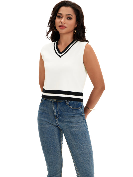 Womens Cropped Sweater Vest Summer V Neck Color Block Sleeveless Crop Tank Top Loose Fit Knitwear