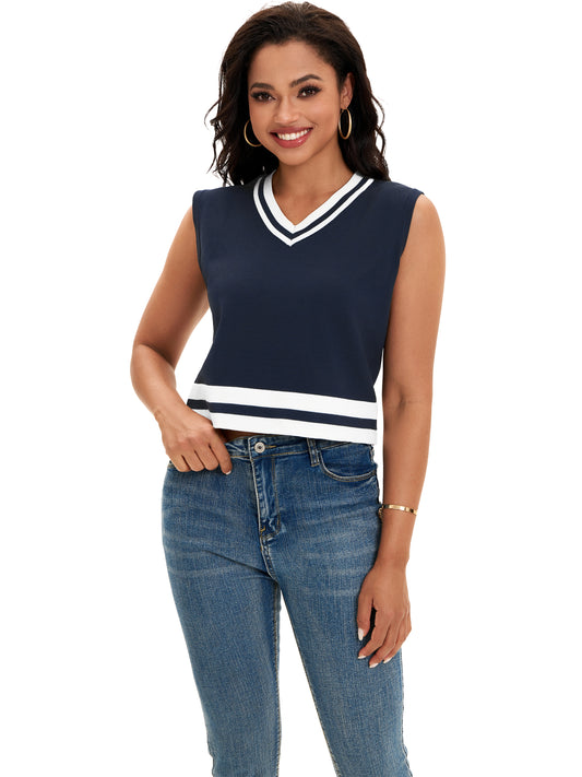 Womens Cropped Sweater Vest Summer V Neck Color Block Sleeveless Crop Tank Top Loose Fit Knitwear