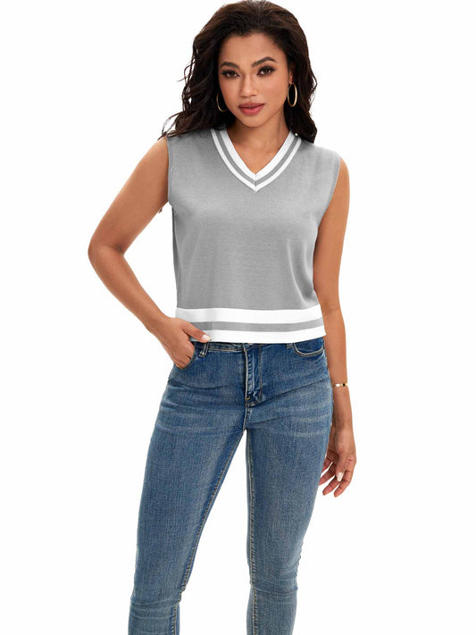 Womens Cropped Sweater Vest Summer V Neck Color Block Sleeveless Crop Tank Top Loose Fit Knitwear