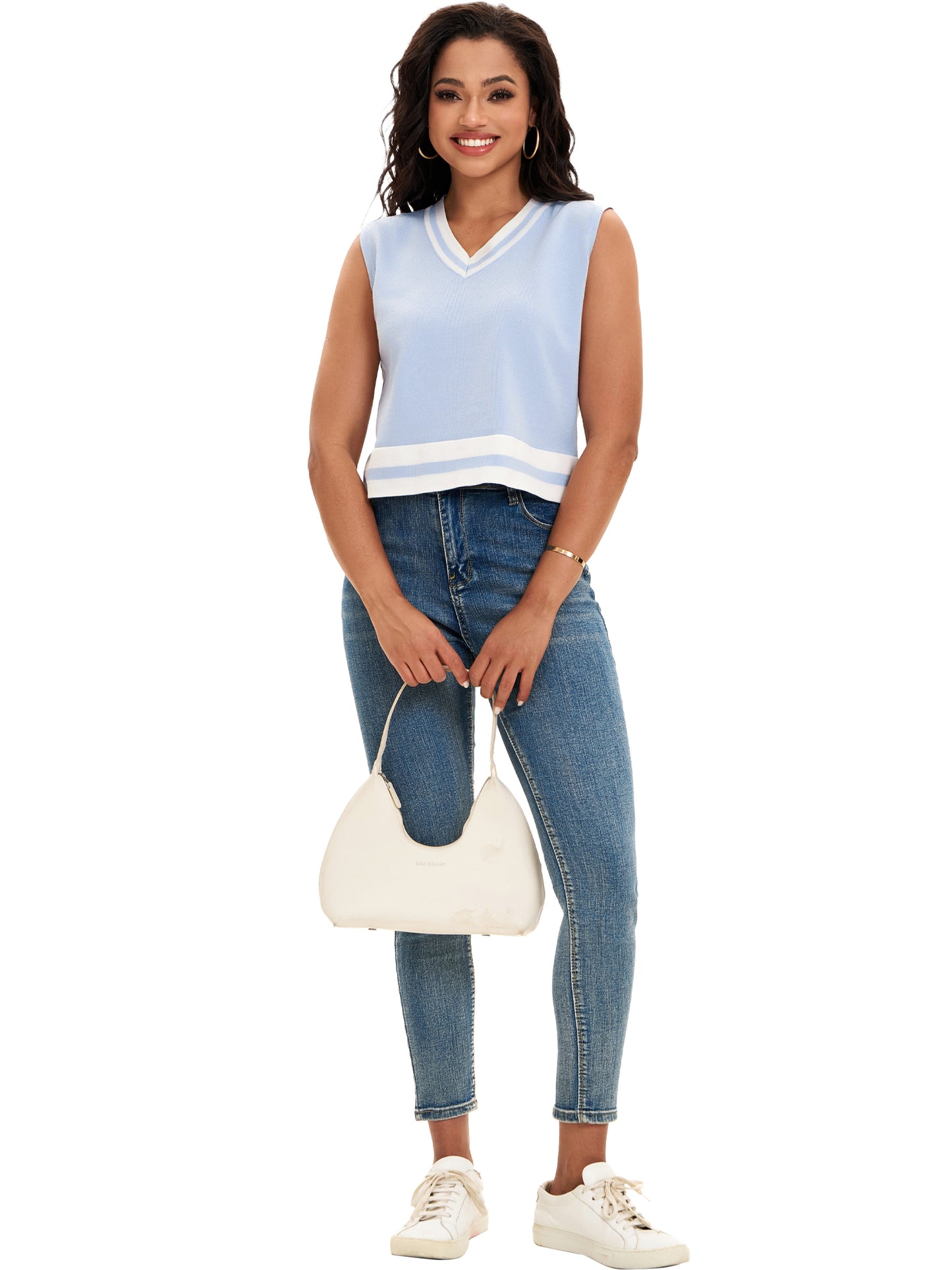 Womens Cropped Sweater Vest Summer V Neck Color Block Sleeveless Crop Tank Top Loose Fit Knitwear