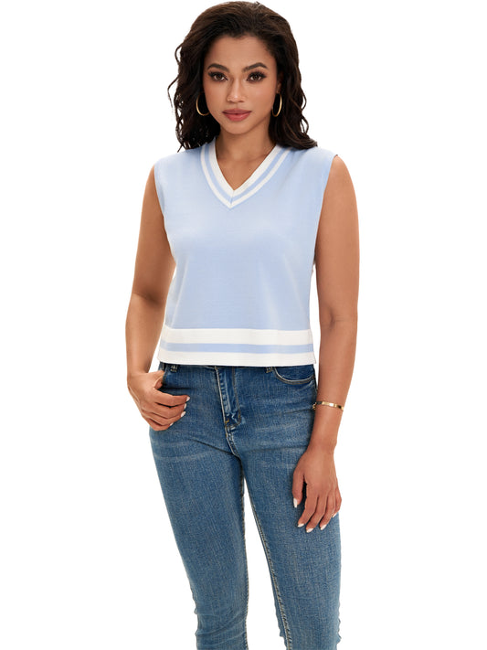 Womens Cropped Sweater Vest Summer V Neck Color Block Sleeveless Crop Tank Top Loose Fit Knitwear