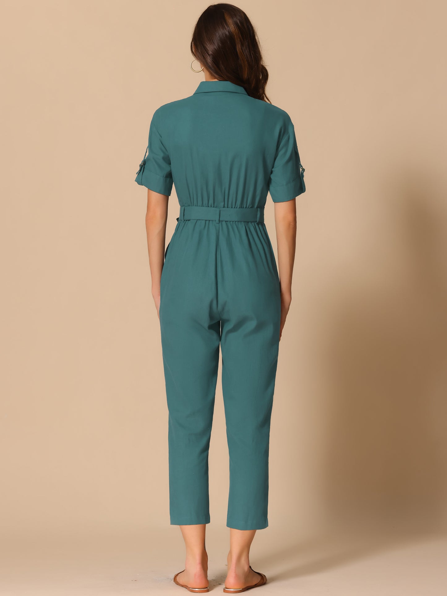Women's Short Sleeve Collared Cropped Coverall  Button Down Tie Waist Cotton Cargo Jumpsuit