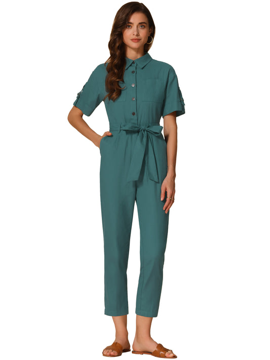 Women's Short Sleeve Collared Cropped Coverall  Button Down Tie Waist Cotton Cargo Jumpsuit