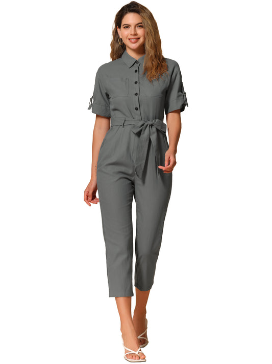 Women's Short Sleeve Collared Cropped Coverall  Button Down Tie Waist Cotton Cargo Jumpsuit