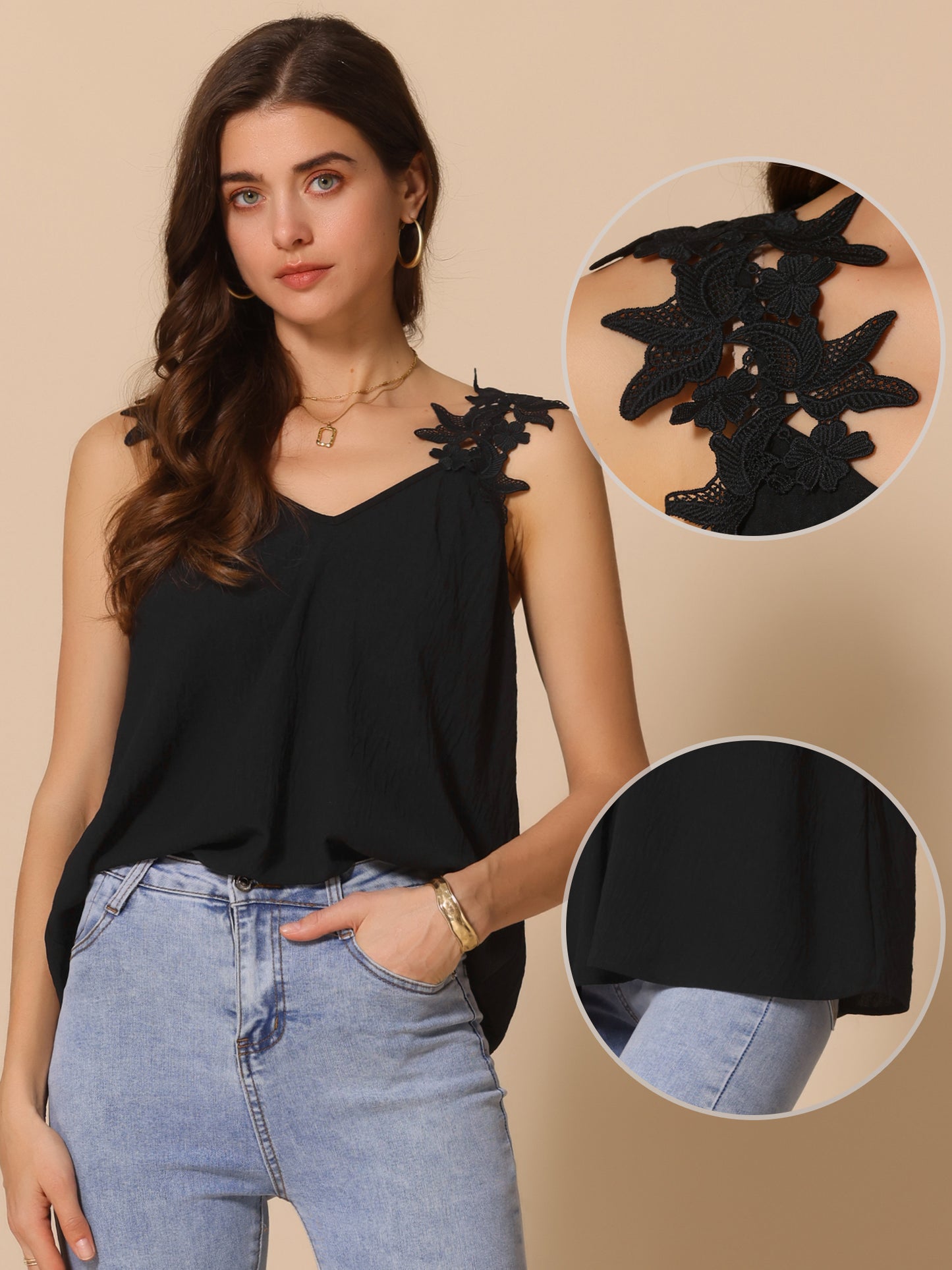 Women V Neck Solid Color Summer Camisole Sleeveless Lace Strap Tank Top