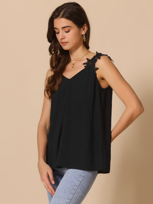 Women V Neck Solid Color Summer Camisole Sleeveless Lace Strap Tank Top