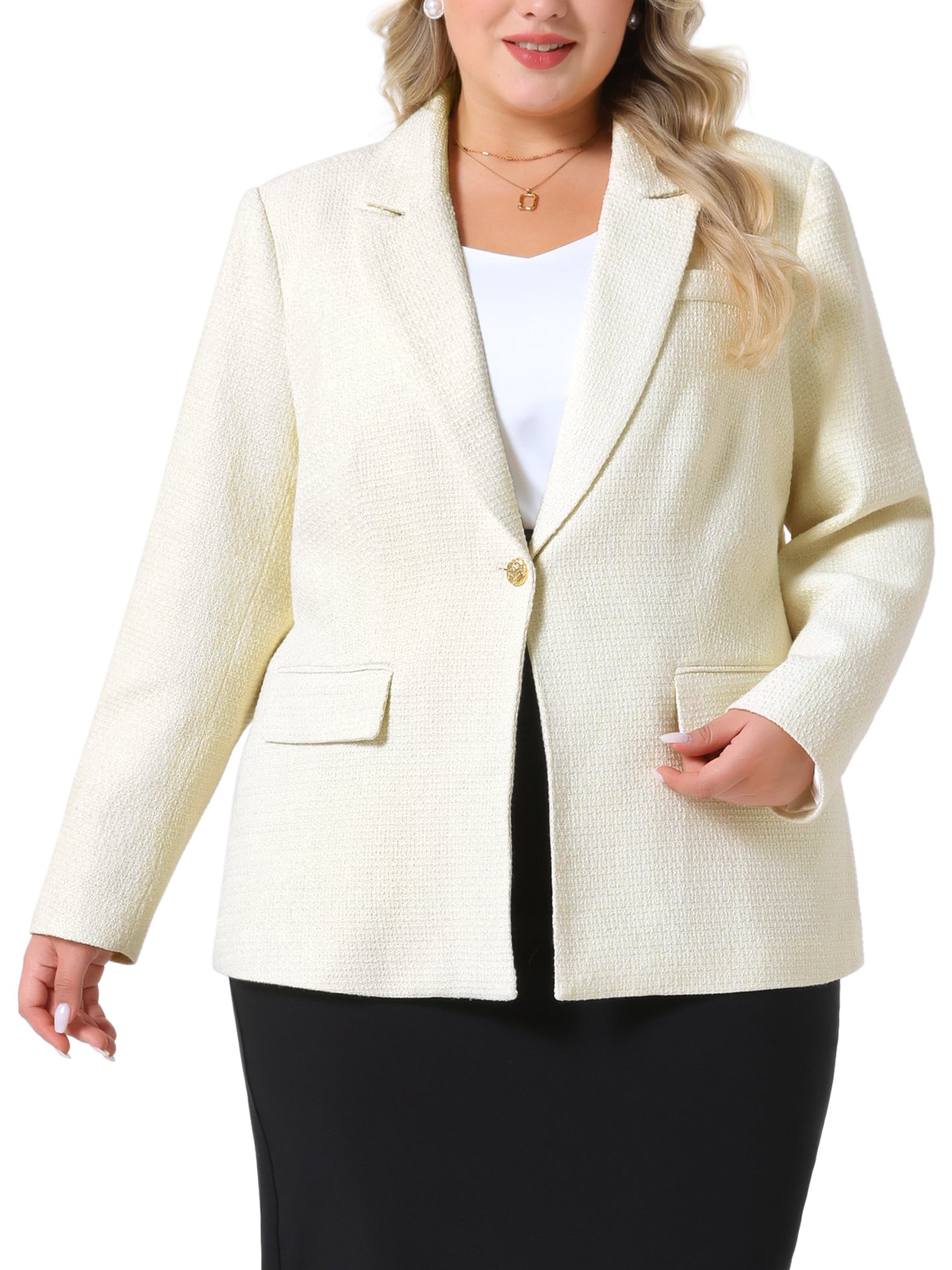 Blazers de tweed de talla grande para mujer, informales, abiertos al frente, de manga larga, para trabajo y oficina