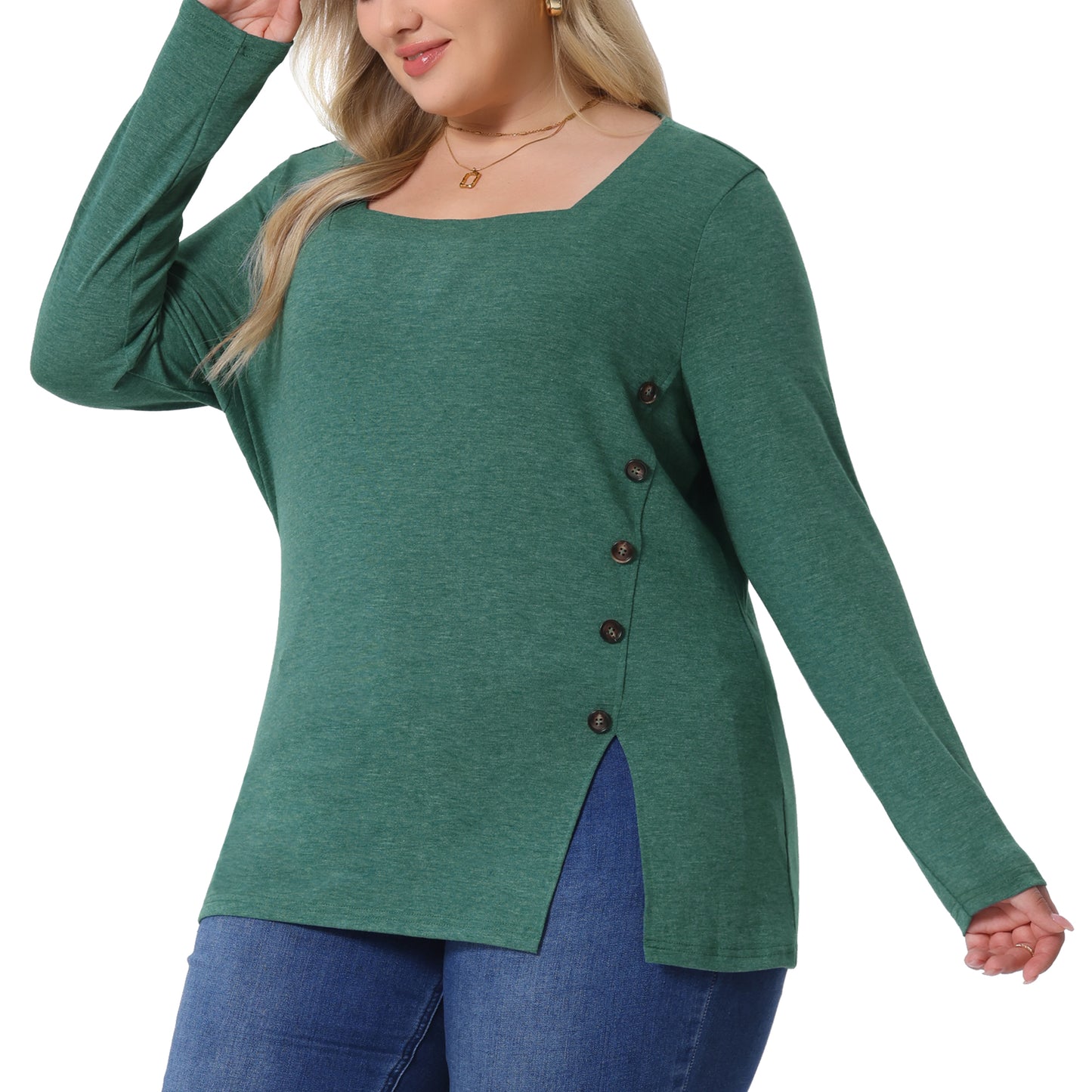 Women Plus Size Top Side Button Square Neck Long Sleeve Casual Tunic Blouse
