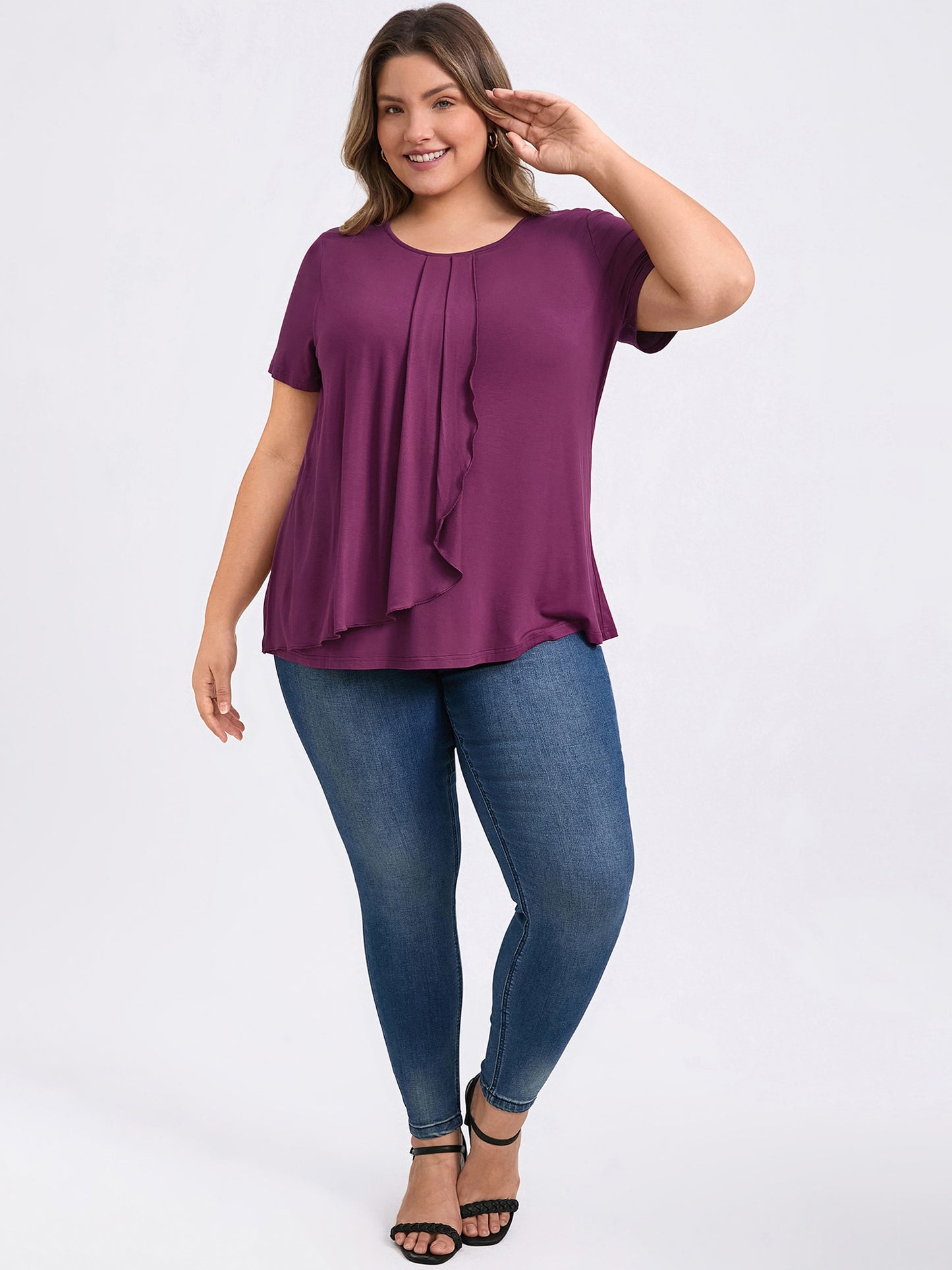 [PACK SALES] Women's Plus Size 2 Piecs Summer Tops Pleated Short Sleeve Round Neck Blouses Plaid Peplum Blouse