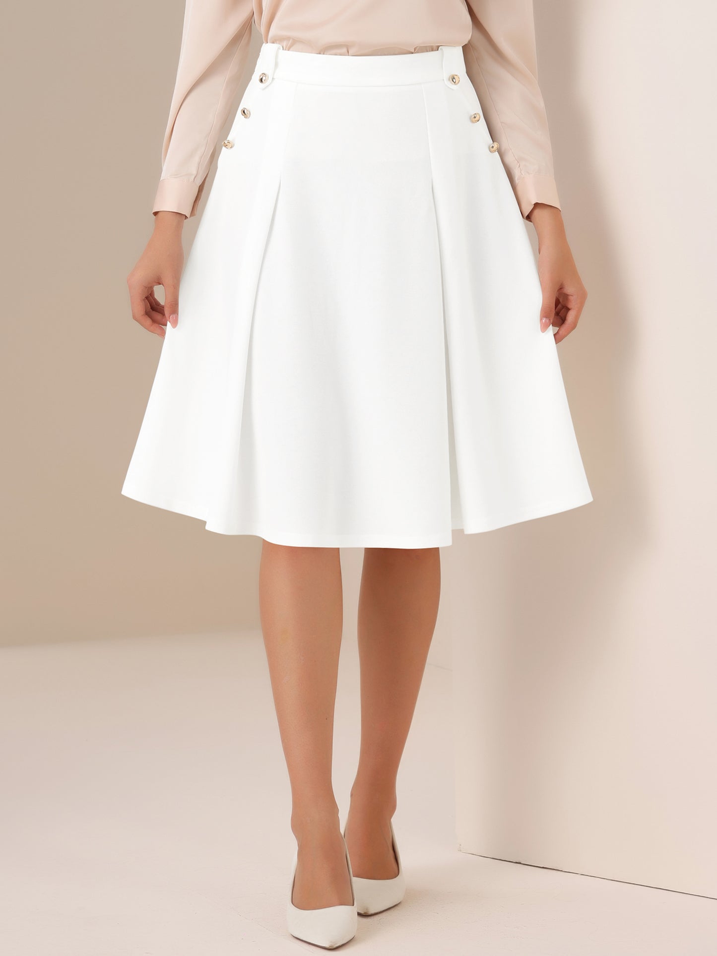 Women's High Waist Work Office Pleated Flared Elegant Midi Skirt