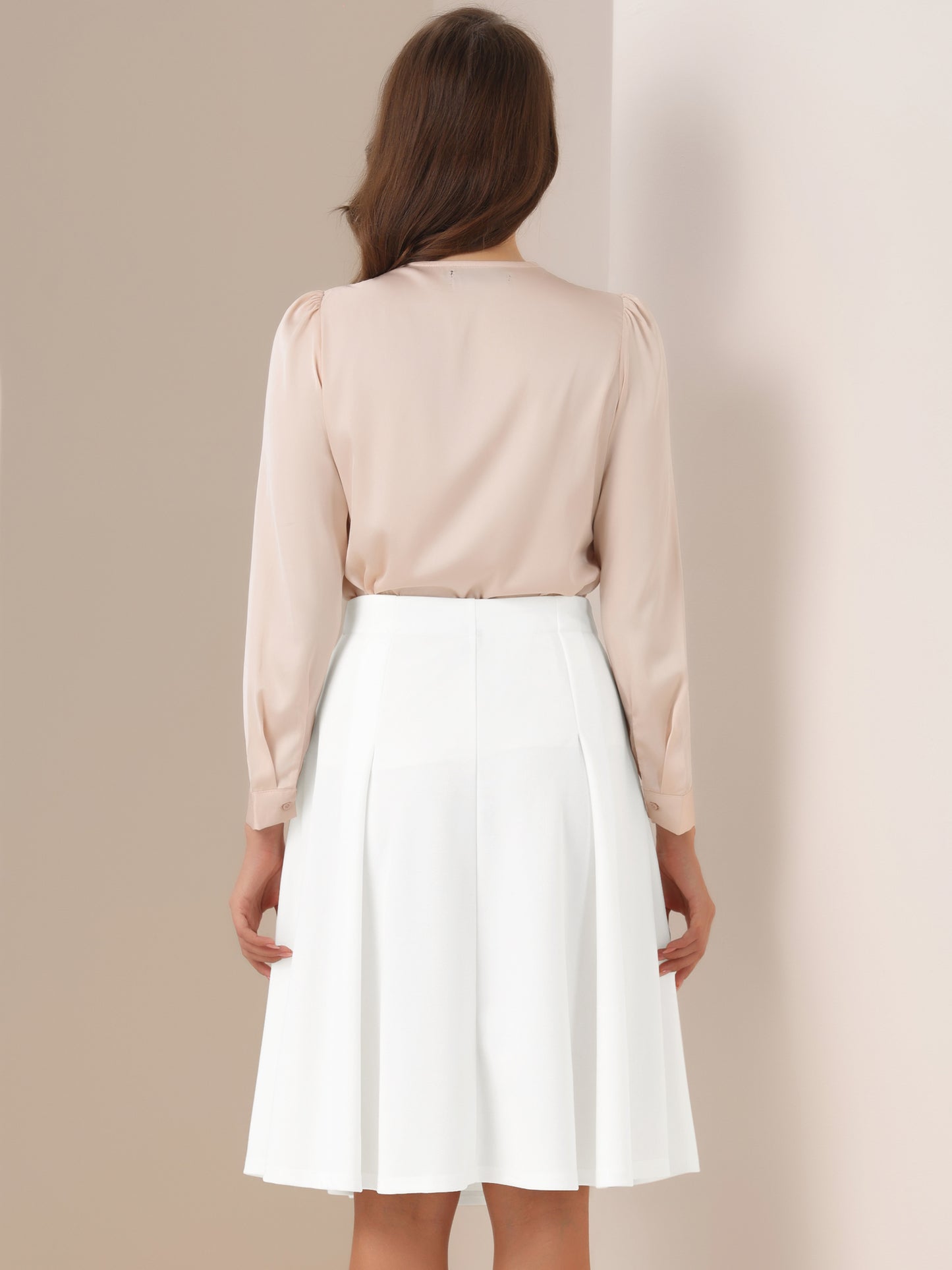 Women's High Waist Work Office Pleated Flared Elegant Midi Skirt