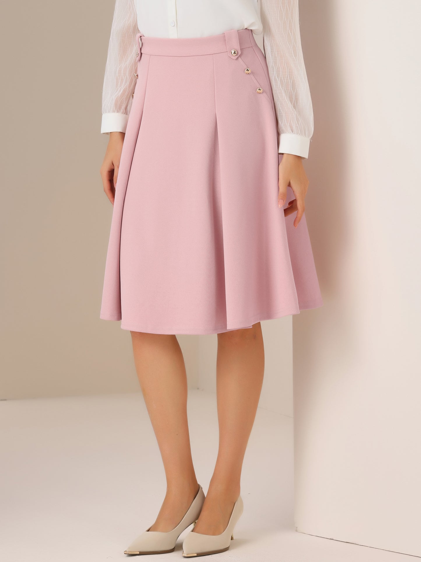 Women's High Waist Work Office Pleated Flared Elegant Midi Skirt