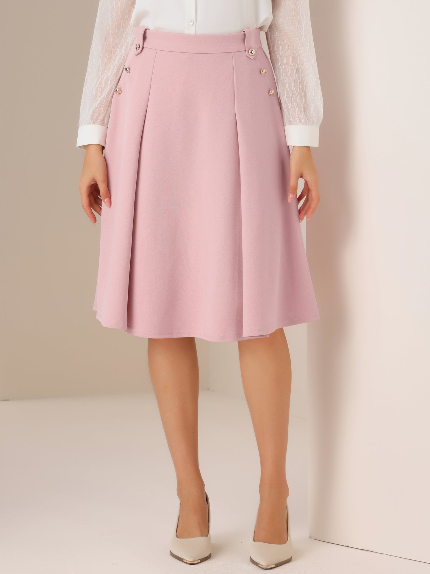 Women's High Waist Work Office Pleated Flared Elegant Midi Skirt