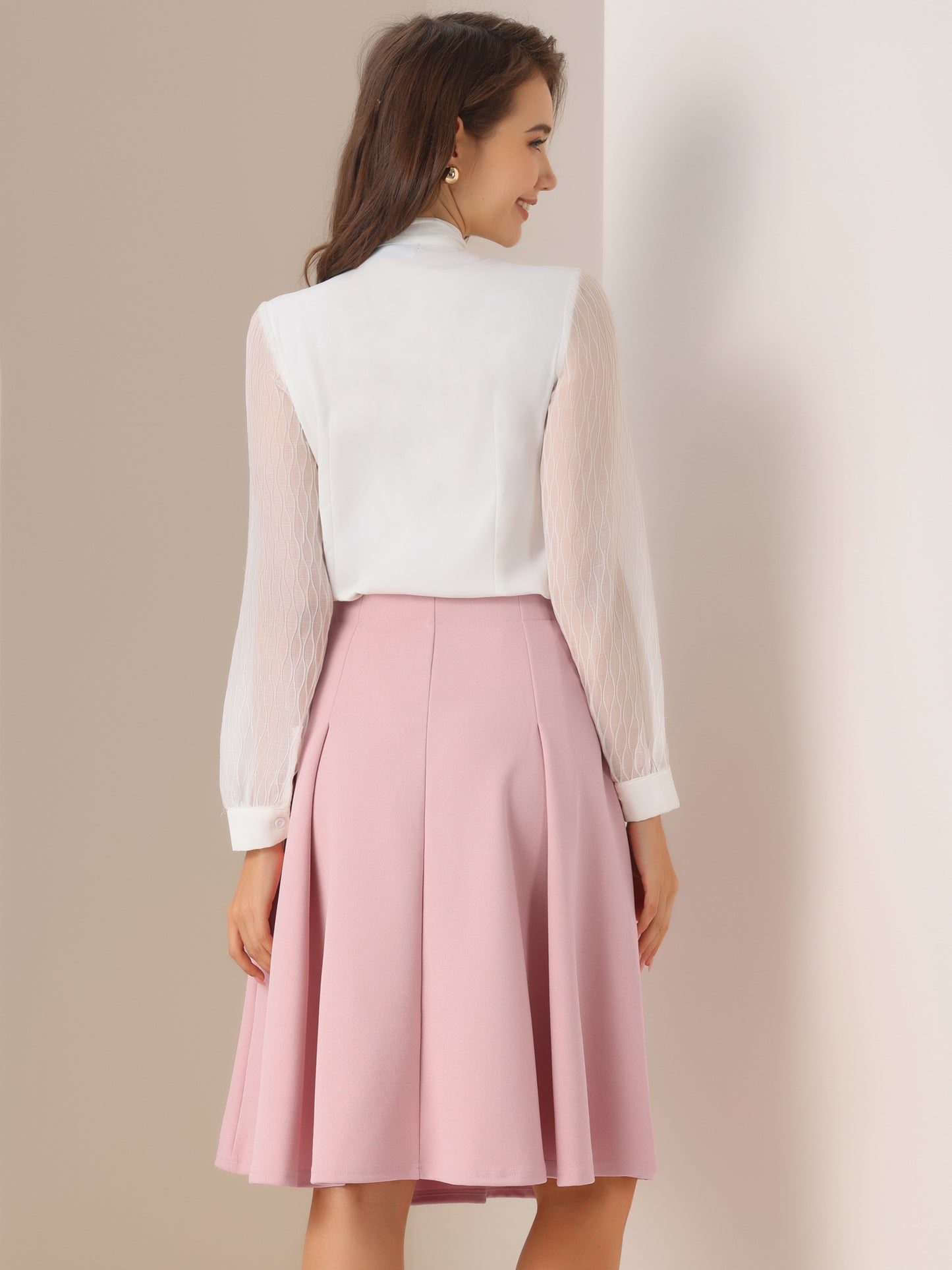 Women's High Waist Work Office Pleated Flared Elegant Midi Skirt