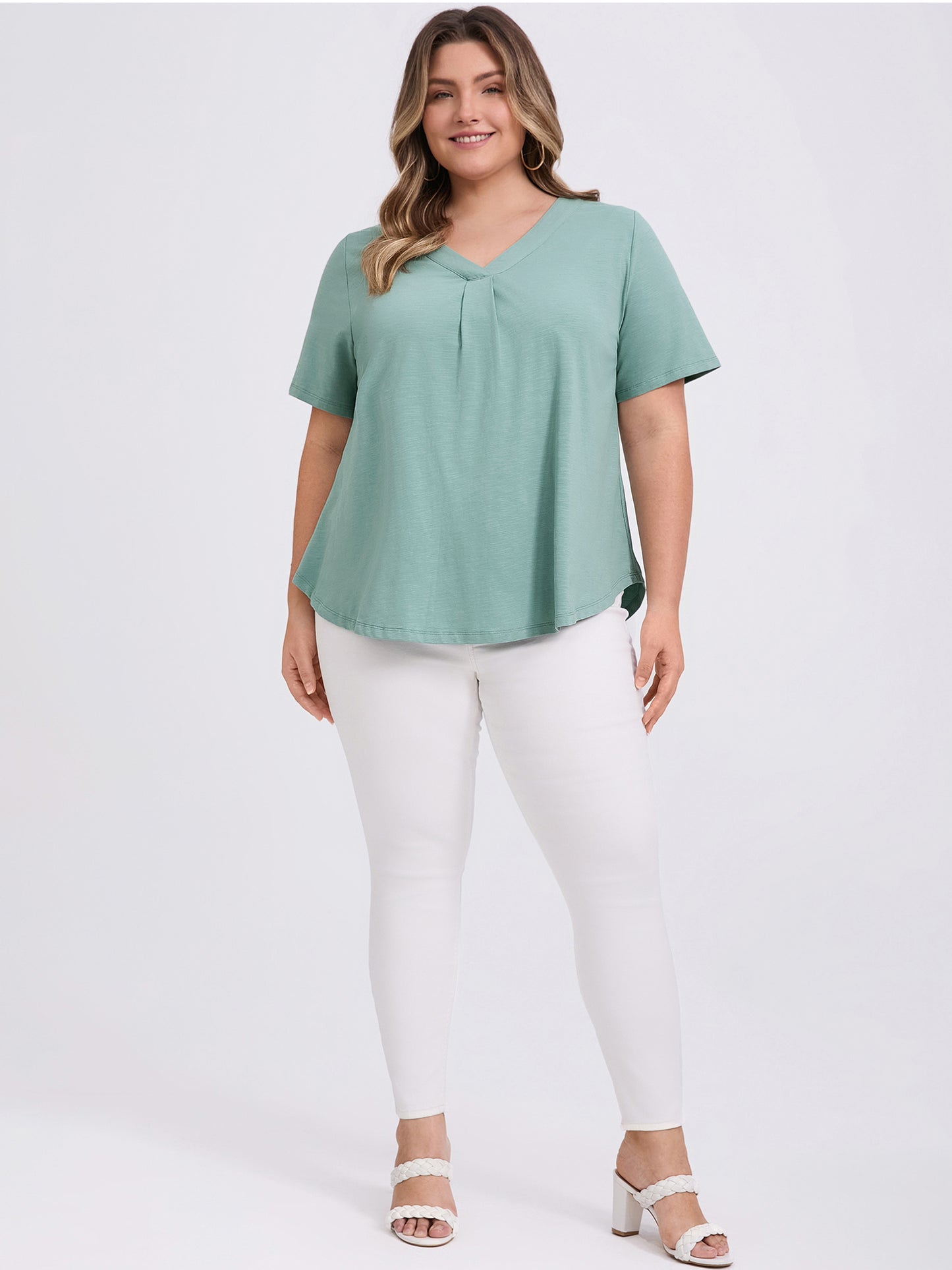 Women Plus Size Pleated V Neck Short Sleeve Casual Loose Fit Blouse Tee