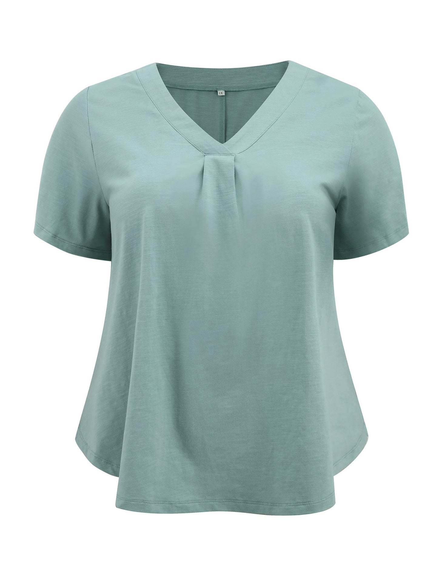 Women Plus Size Pleated V Neck Short Sleeve Casual Loose Fit Blouse Tee