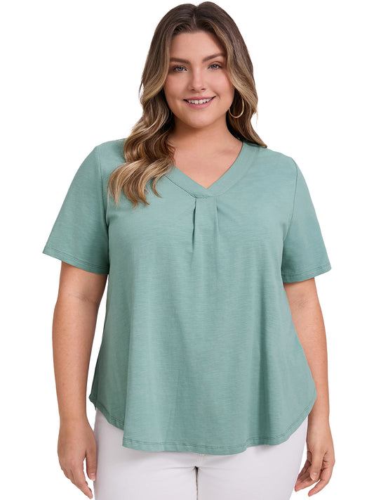 Women Plus Size Pleated V Neck Short Sleeve Casual Loose Fit Blouse Tee