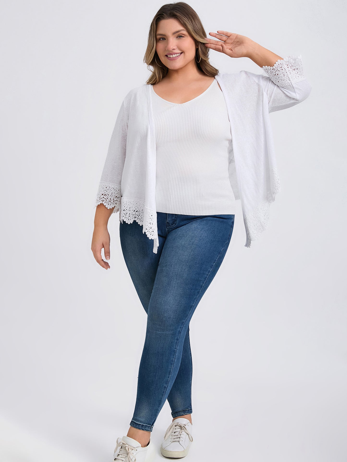 Women Plus Size Open Front Cover Up Lace Trim Waterfall Shrug 3/4 Sleeve High Low Hem Knit Cardigans