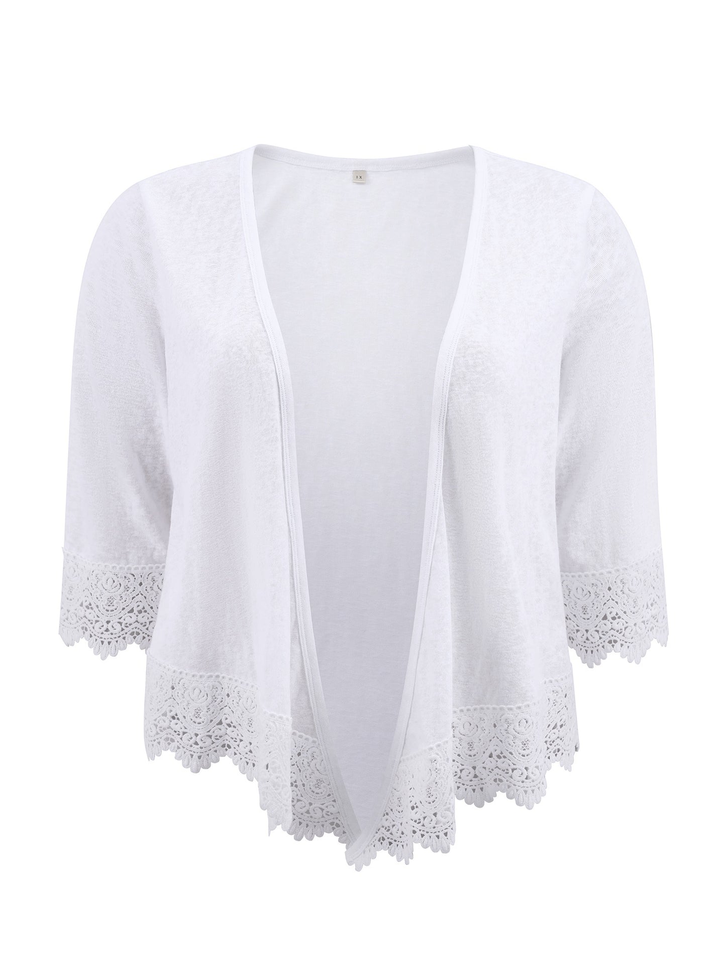 Women Plus Size Open Front Cover Up Lace Trim Waterfall Shrug 3/4 Sleeve High Low Hem Knit Cardigans