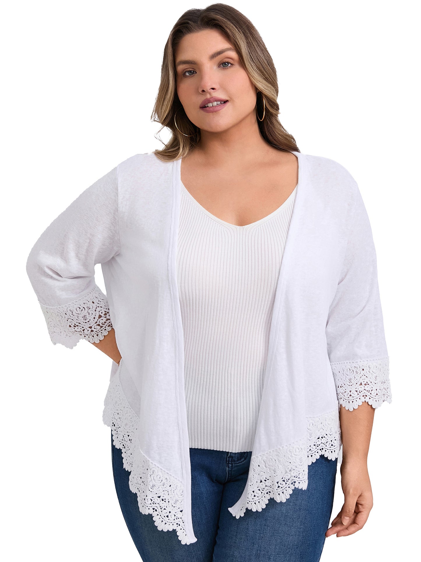 Women Plus Size Open Front Cover Up Lace Trim Waterfall Shrug 3/4 Sleeve High Low Hem Knit Cardigans