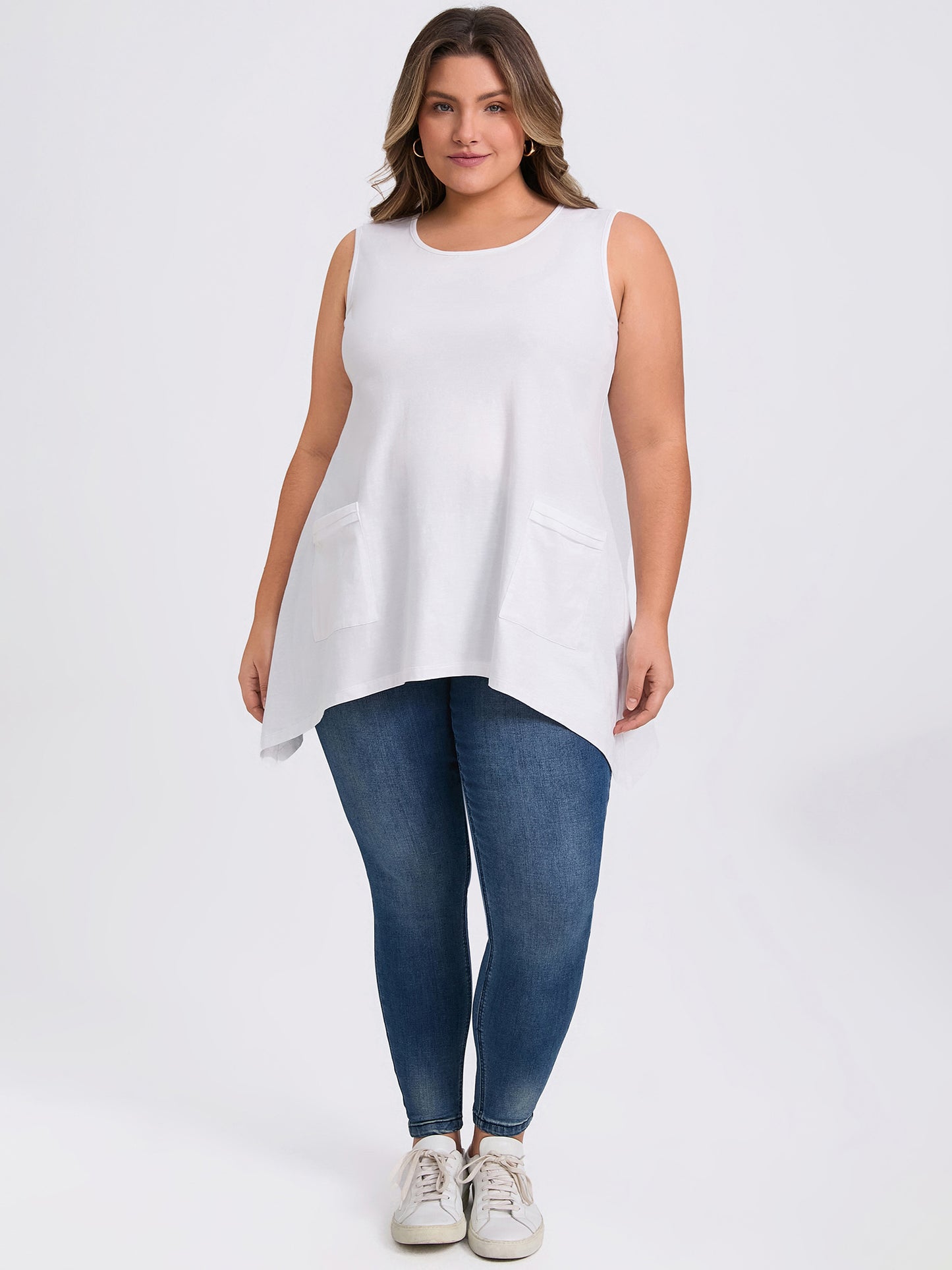 Women Plus Size Tank Top Sleeveless High Low Hem Summer Basic Casual Top with Pockets