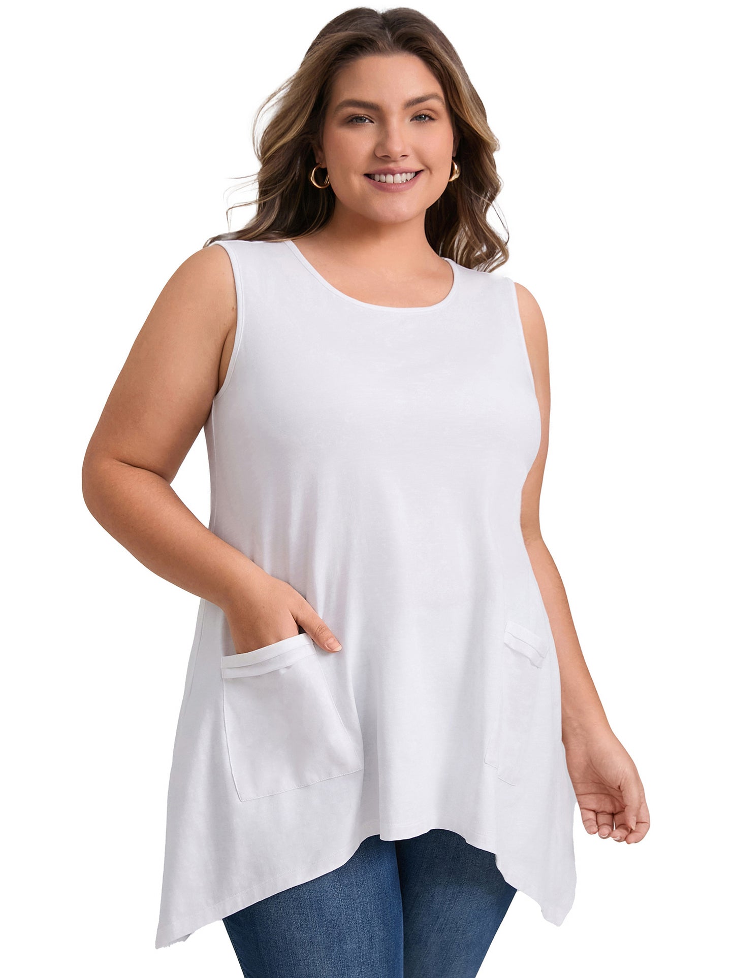 Women Plus Size Tank Top Sleeveless High Low Hem Summer Basic Casual Top with Pockets