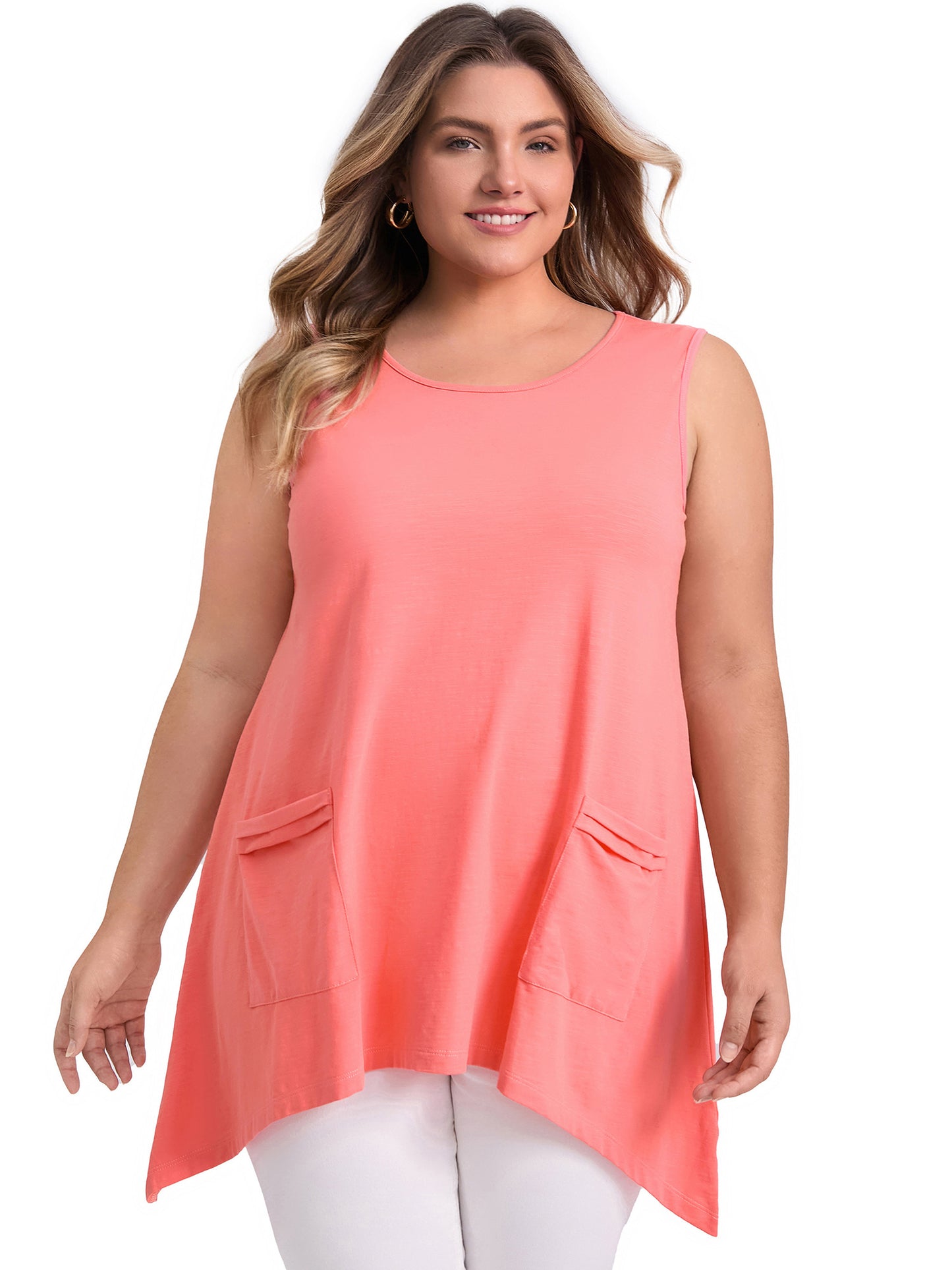 Women Plus Size Tank Top Sleeveless High Low Hem Summer Basic Casual Top with Pockets