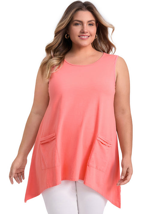 Women Plus Size Tank Top Sleeveless High Low Hem Summer Basic Casual Top with Pockets