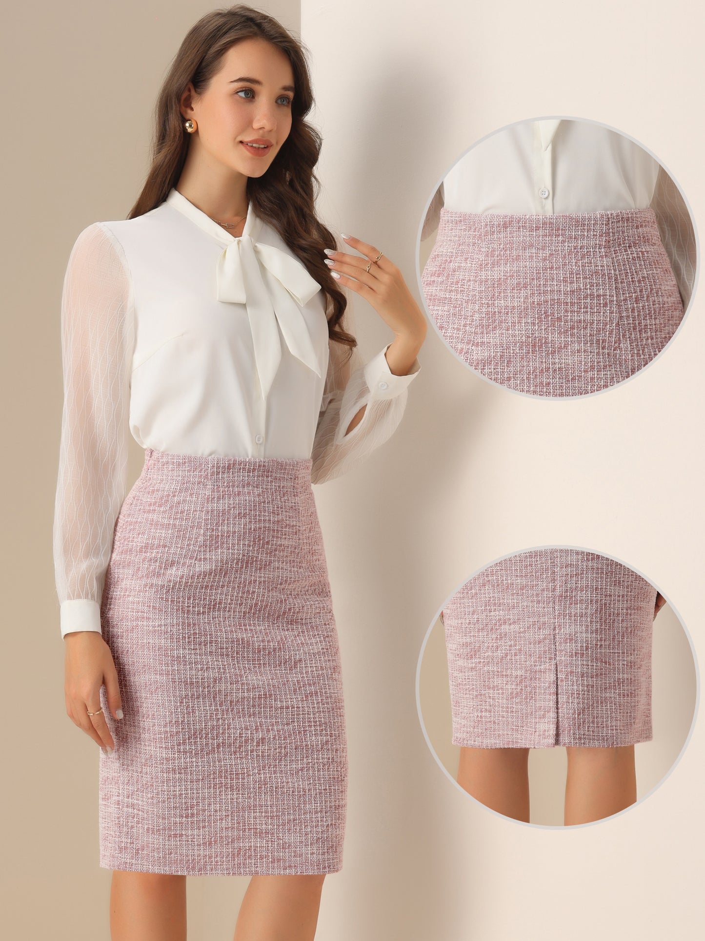 Women's Office Work Tweed High Waist Split Bodycon Plaid Pencil Skirts