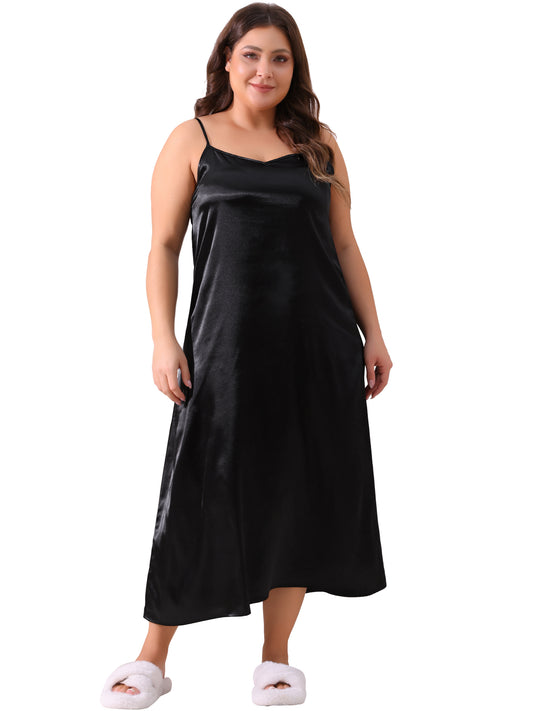 Women Plus Size Nightgown V Neck Satin Pajamas Sleeveless Cami Slip Dress Sleepwear