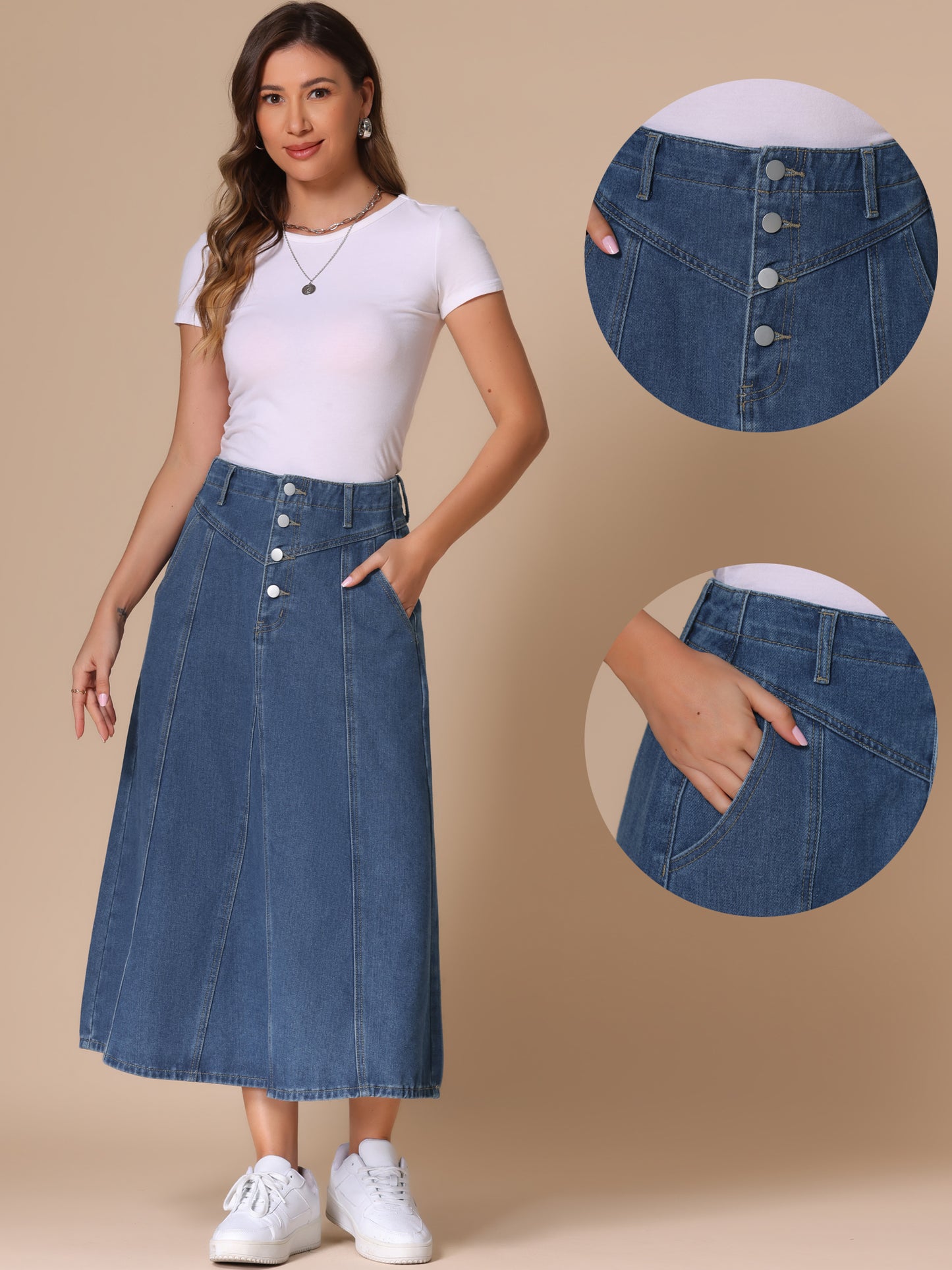 Women's Demin Skirt High Waist Pockets Casual A-line Jean Midi Skirt