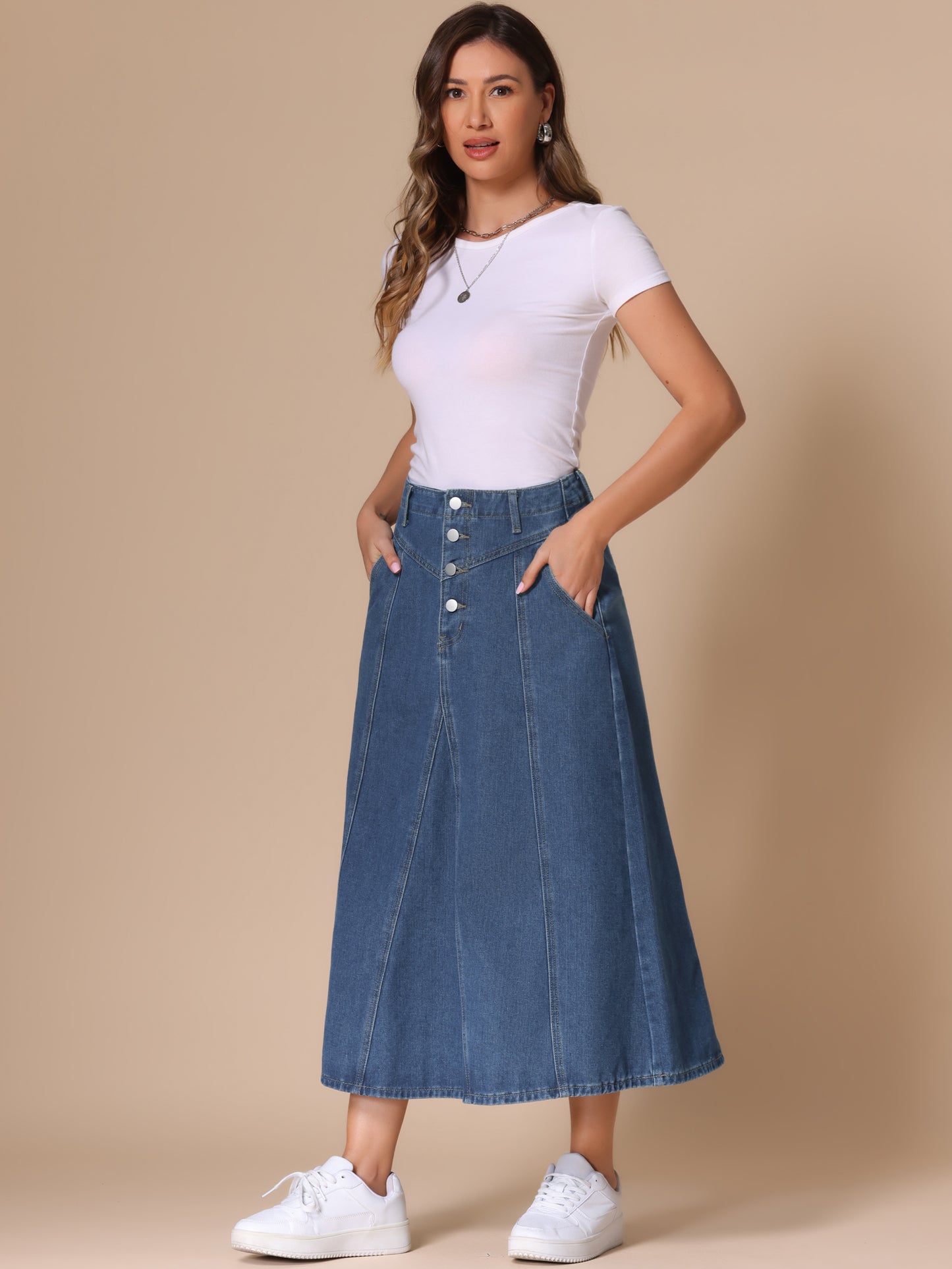 Women's Demin Skirt High Waist Pockets Casual A-line Jean Midi Skirt