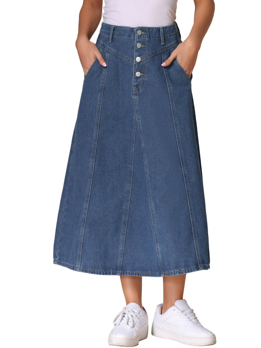 Women's Demin Skirt High Waist Pockets Casual A-line Jean Midi Skirt
