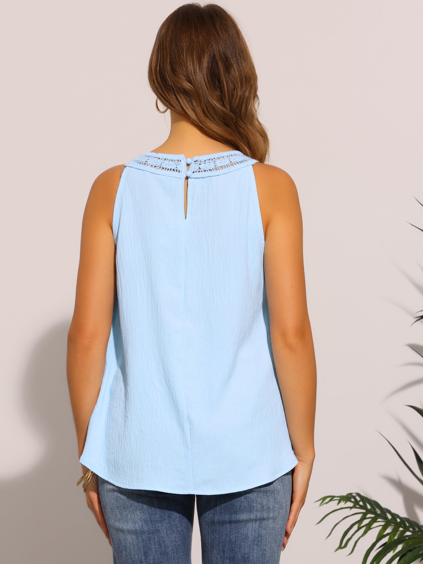 Blusas sin mangas con cuello halter y encaje de ganchillo para mujer, blusas bonitas estilo bohemio
