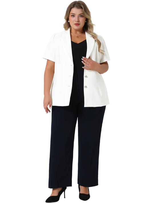 Women Plus Size Blazers Short Puff Sleeve Notched Lapel Single Breasted Office Blazer Jackets