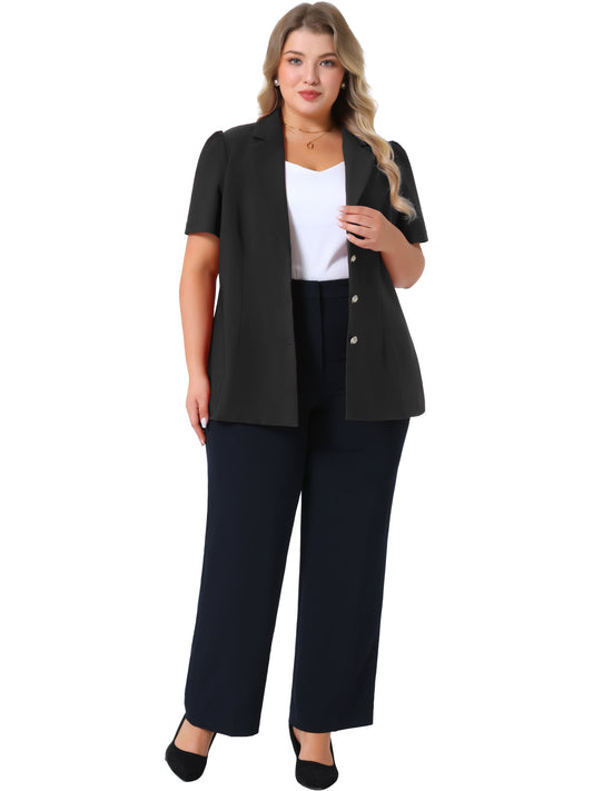 Women Plus Size Blazers Short Puff Sleeve Notched Lapel Single Breasted Office Blazer Jackets