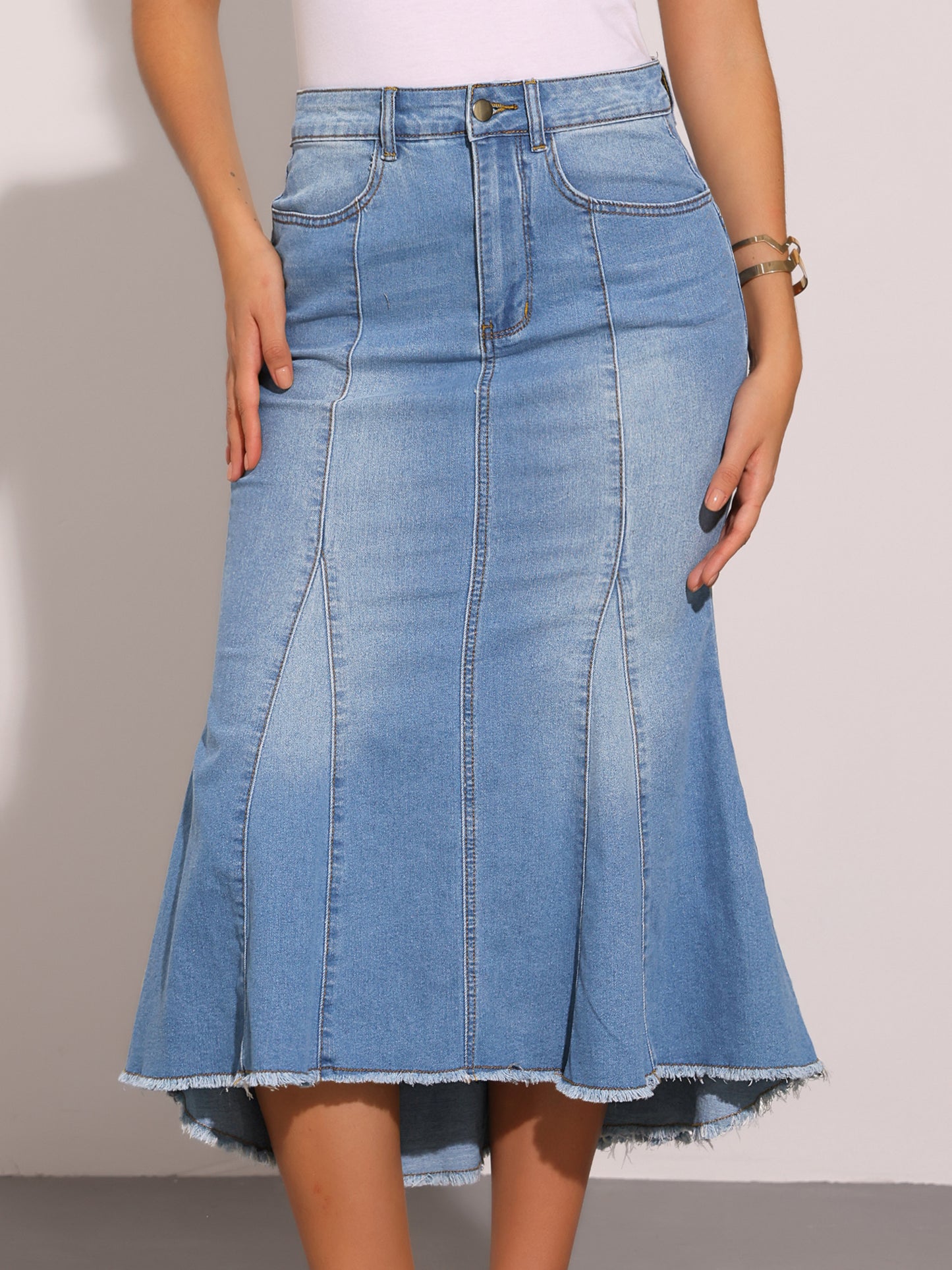 Women's High Waist Raw Hem Midi Washed Fishtail Denim Skirt